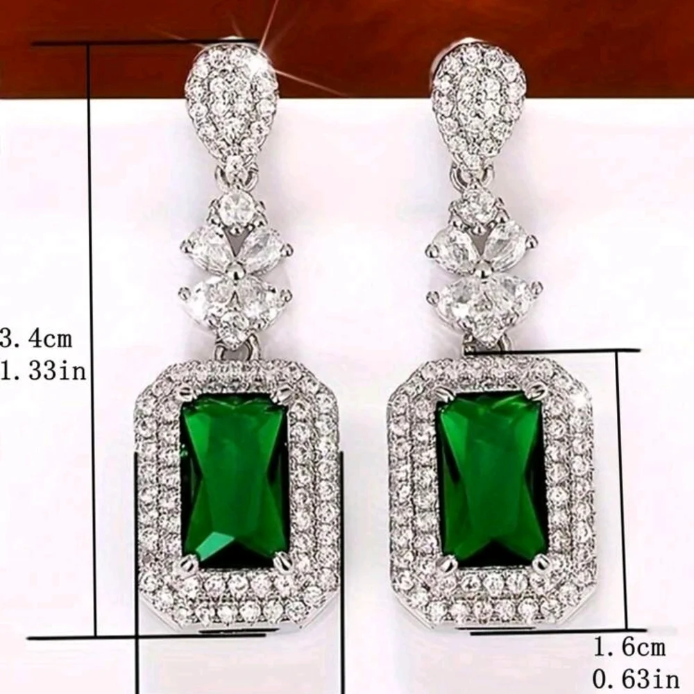 💎 New Silver Sterling Emerald Green Cubic Zirconia Drop Earrings - Picture 2 of 5